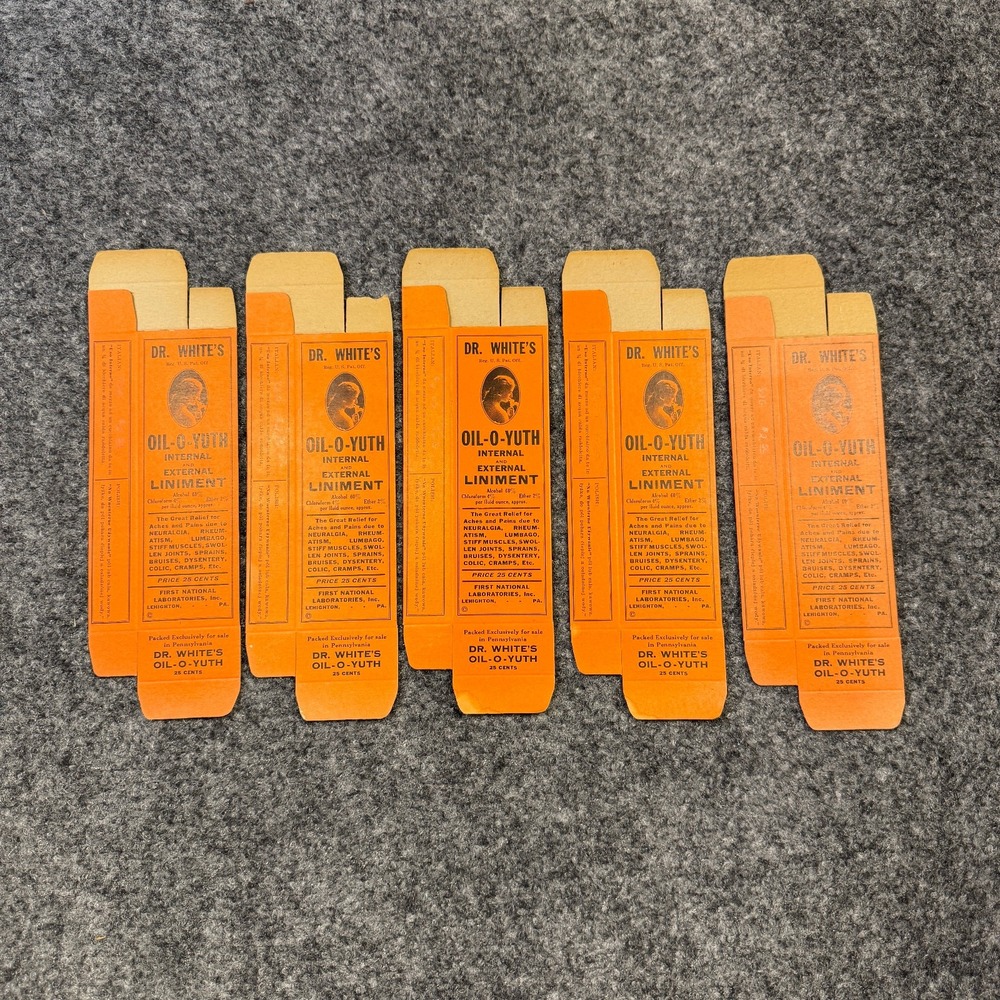 Lot of 5 Scarce Vintage Dr. White's Oil-O-Yuth Liniment Boxes Flat Medicine Prop
